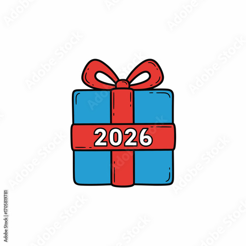 Cartoon illustration of a blue gift box with a red ribbon and bow, displaying the number 2026.