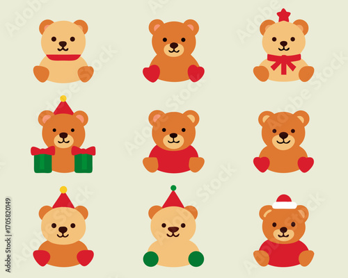 Collection of cute cartoon teddy bears in festive outfits