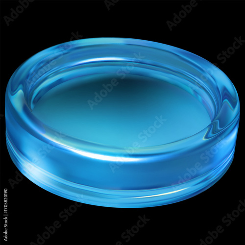 3D vector holographic glass coin blue effect, realistic transparent iridescent crystal circle, game token, casino chip