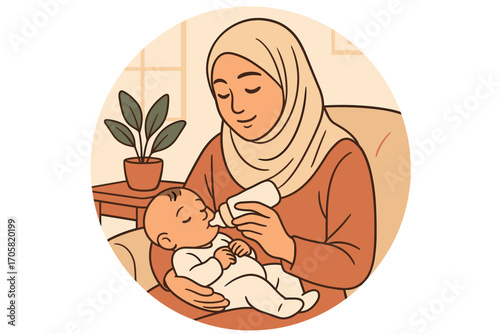 Mother feeding baby with bottle while sitting in cozy living room  