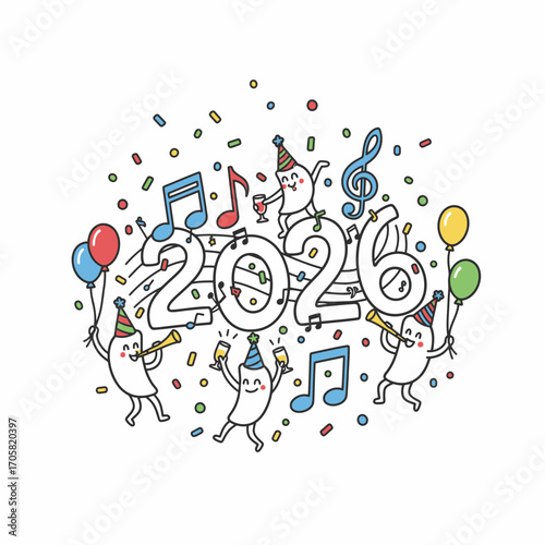 Whimsical illustration of anthropomorphic characters celebrating the new year 2026 with music.