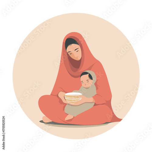 Mother in hijab holding child while sitting in a circle design  