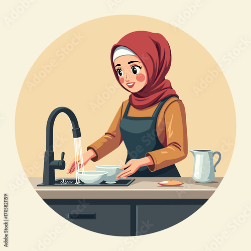 Muslim woman washing dishes at kitchen sink in modern style  