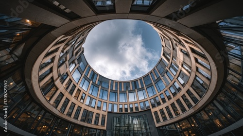 An upward, worm's eye view of a building?s cylindrical courtyard, revealing windows encircling the void, with clouds visible in the sky above