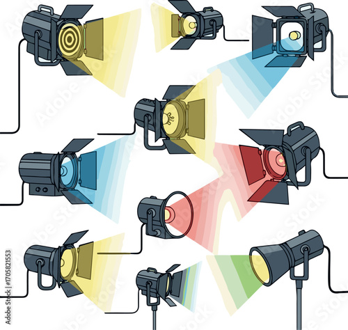 Create kinds of spot light studio vector art color with white background. 