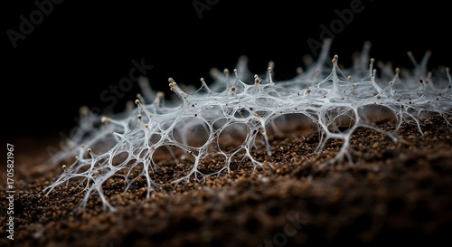 Intricate network of white fungal hyphae on a dark background
