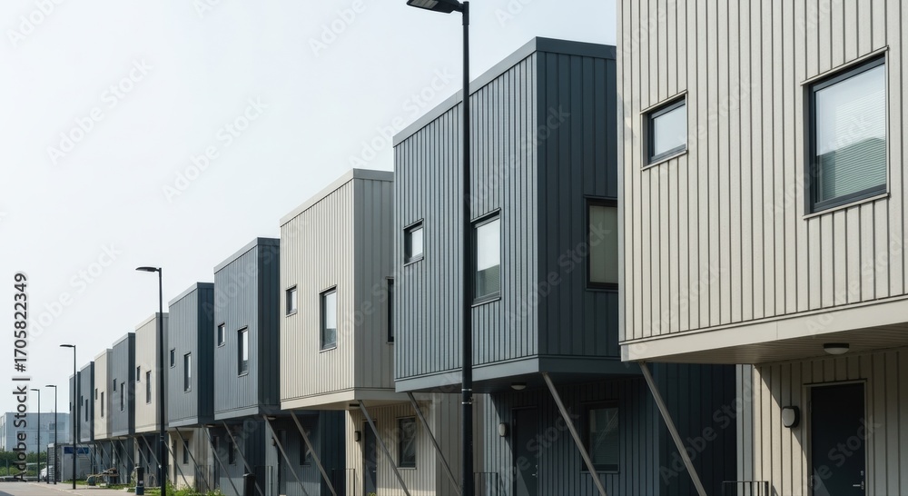 Fototapeta premium Modern residential townhouses line a street under a clear sky
