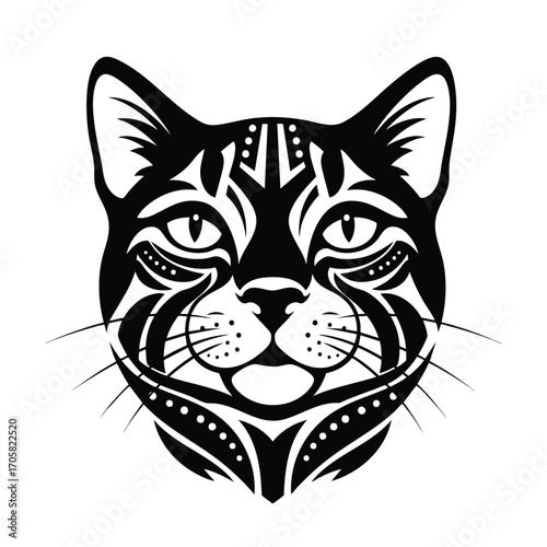 An ornamental black and white cat head with intricate tribal tattoo patterns.