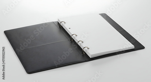 Elegant Black Leather Ring Binder with White Paper Sheets on a Clean White Background Surface Ready for Notes or Planning.