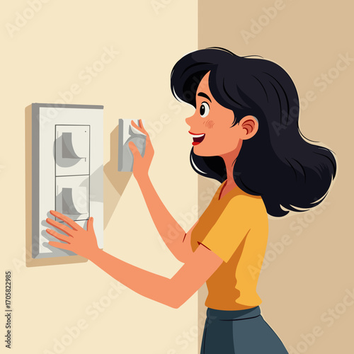 Young woman dusting light switch in modern interior