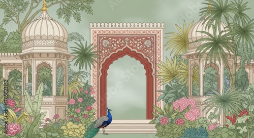 Indian Garden Courtyard with Peacock and Ornate Archway