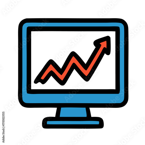Vector icon of computer monitor with rising graph. Perfect for finance, business growth, data analytics, stock market, and technology concepts