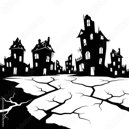 Spooky ruined haunted houses silhouette isolated on white background