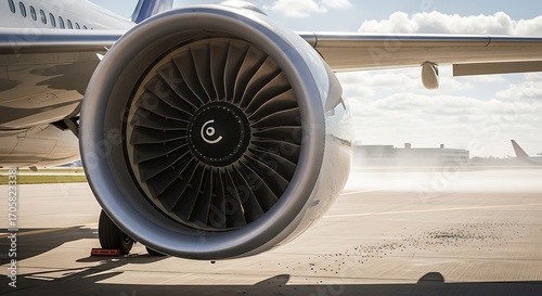 Close-up of a commercial airplane jet engine and wing on the airport tarmac under bright daylight, highlighting advanced aviation technology.