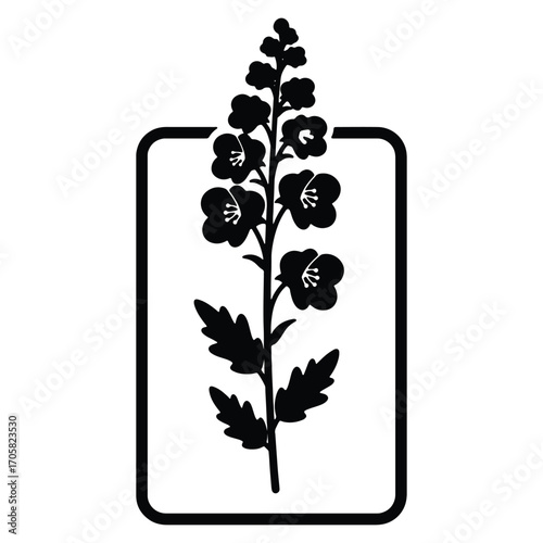 Black and White Silhouette of Delphinium Flower inside a Rectangular Frame for Botanical Designs and Art Projects Floral Vector Illustration