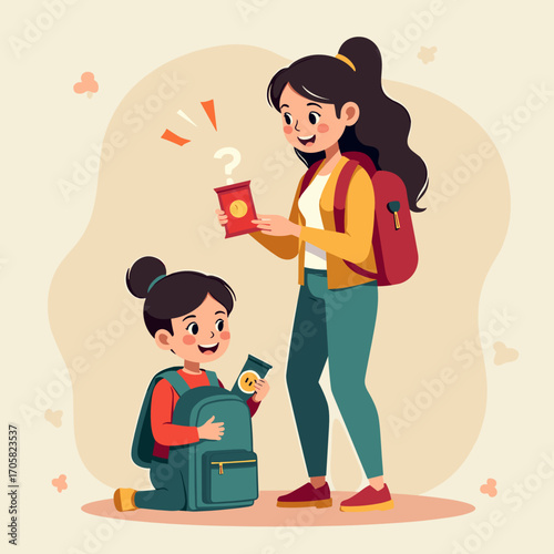 Happy children exploring snacks while sitting at home with backpacks  
