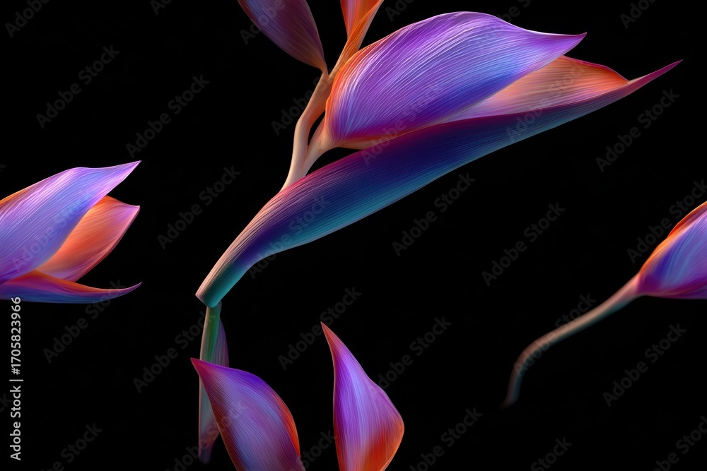 Obraz premium Vibrant bird of paradise flowers with lush green leaves stand out against a black background, showcasing exotic tropical beauty.