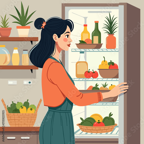Young woman reaching into open refrigerator filled with fresh food  