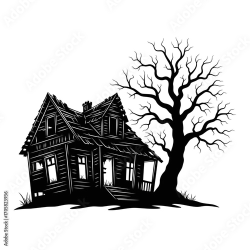 Creepy abandoned haunted house and bare tree silhouette isolated on white background