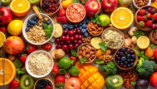 Colorful array of fresh fruits, nuts, and granola