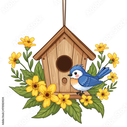 Charming blue bird resting on a wooden birdhouse decorated with yellow blossoms.