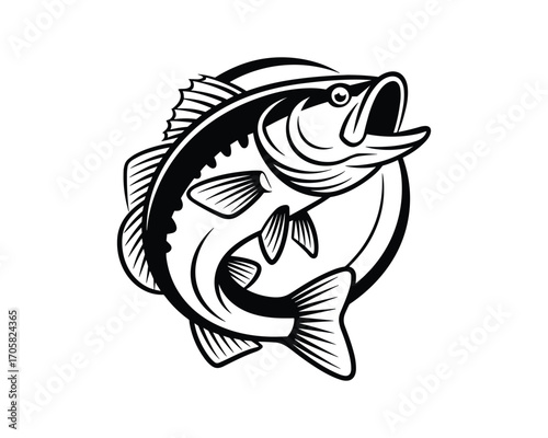 largemouth bass jumping fish Black and white  illustration