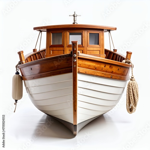 A meticulously crafted wooden boat model showcasing fine details and craftsmanship on white background