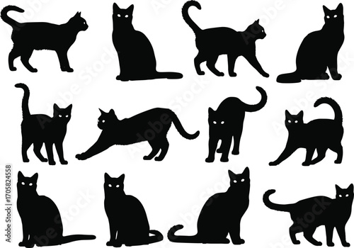 Set of black cat silhouettes in various poses, spooky Halloween theme, domestic feline vector design, isolated animal illustration graphic