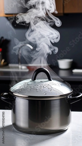 Steaming pot on a kitchen counter