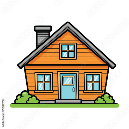 Charming cartoon house illustration with orange wooden siding a blue door and a brick chimney.