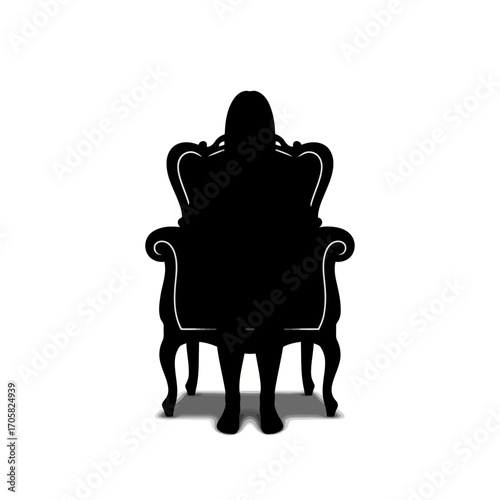 Silhouette of a person sitting on an ornate armchair isolated on white background