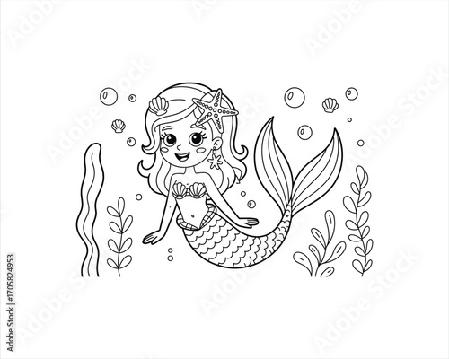 Cute cartoon mermaid with starfish and seashells drawing