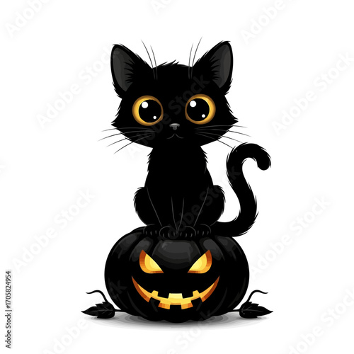 Cute black cat sitting on a carved pumpkin silhouette isolated on white background