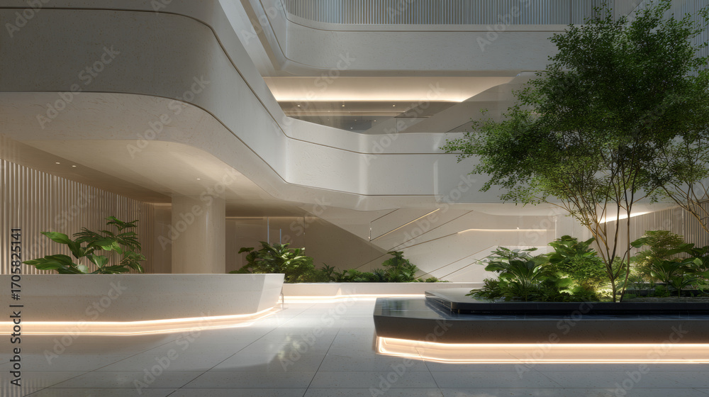 Fototapeta premium Modern Architectural Interior with Greenery and Soft Lighting