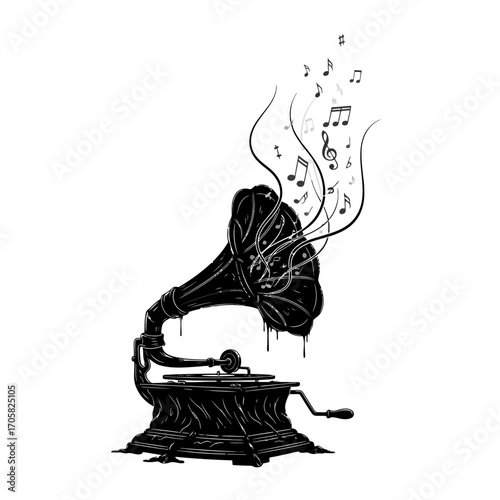 Vintage gramophone playing music notes silhouette isolated on white background