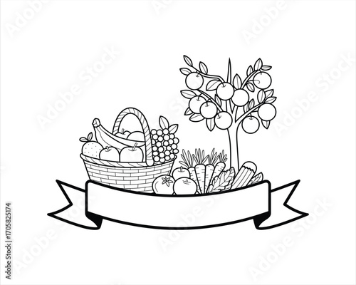 Fruit basket apple tree and vegetables with blank banner line art illustration