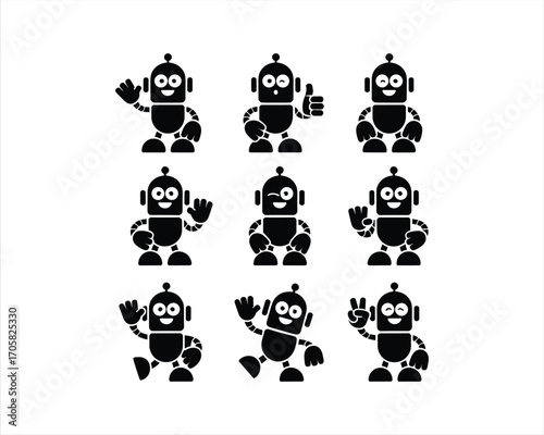 Robots with different gestures on white background concept of ai robots
