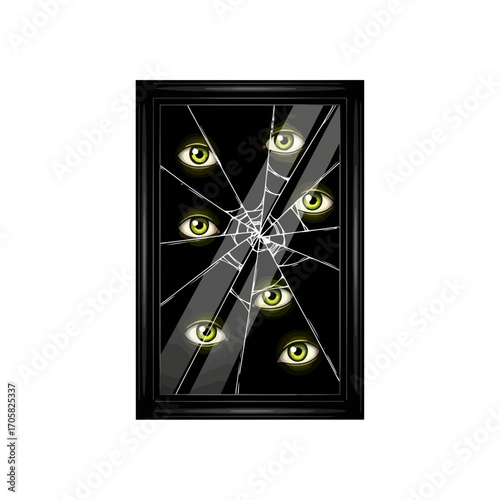 Creepy eyes in broken glass silhouette isolated on white background