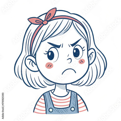 Portrait of little girl with expression of great resentment on her face.  Doodle style illustration, white background.