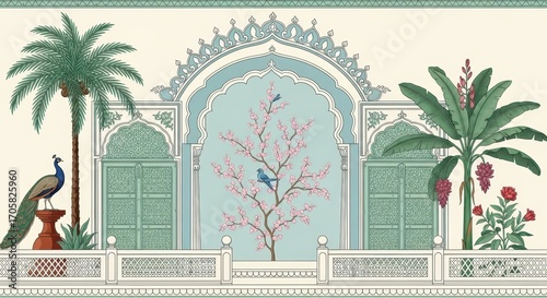 Peacock and Cherry Blossom Tree in an Indian Courtyard
