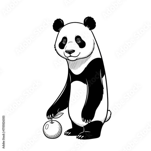Stylized skinny panda presses paw on rounded fruit, bold manga contours, playful detailed eyes, grayscale shading, flat white background