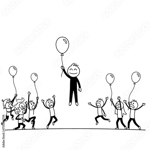 Stick figure calmly floating with single balloon while others frantically try to grab or shout, minimalist sketch