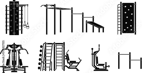 Gym, Equipment, Silhouette, Fitness, Training, Strength, Workout, Vector, Minimalist, Black, Line, Art, Machine, Rack, Bench, Climbing, Dip, Pulley, Exercise, Setup