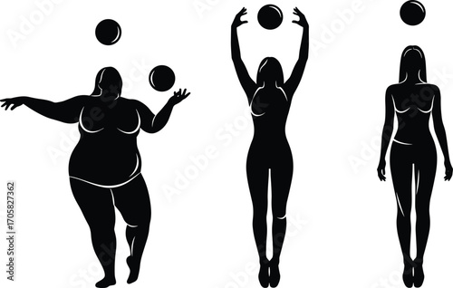 Juggling, Silhouette, Women, Body, Diversity, Pose, Ball, Motion, Vector, Minimalist, Black, Line, Art, Expression, Balance, Shape, Activity, Female, Inclusive, Set