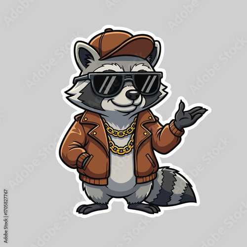 Cool cartoon raccoon mascot in a leather jacket sunglasses and baseball cap.