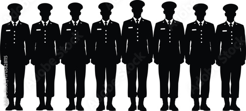 Silhouette of a group of military officers standing in uniform, discipline, leadership, unity, strength, formal attire, teamwork, honor, protection, armed forces, readiness