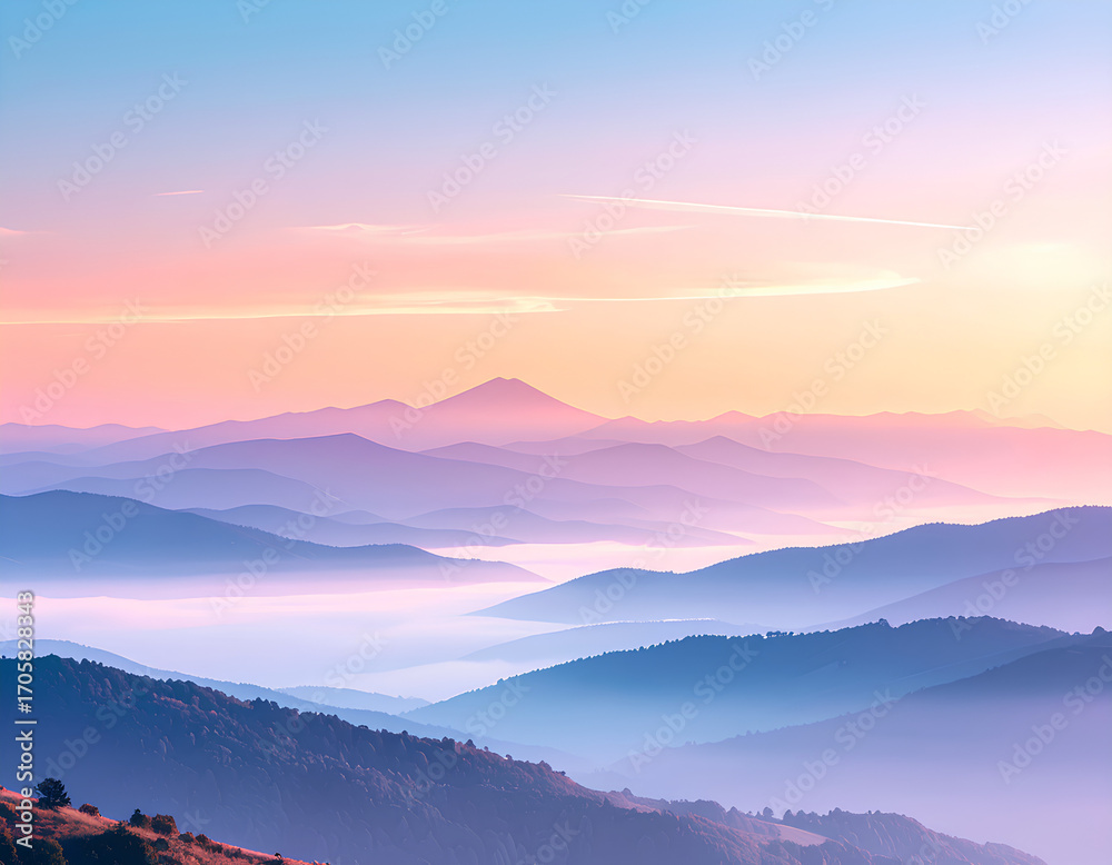 Obraz premium Pastel Colored Sunrise Over Gentle Mountain Horizon