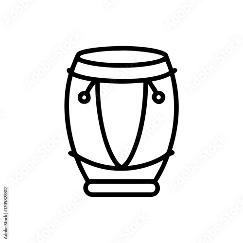 Minimalist black outline vector icon of a tribal bongo drum, symbolizing music, rhythm, and cultural tradition. Isolated on a transparent background