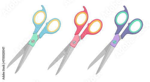 Three colorful pairs of craft scissors isolated on a white background