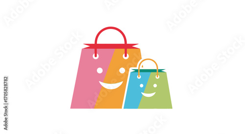 Two colorful shopping bags with happy faces, symbolizing joy and commerce